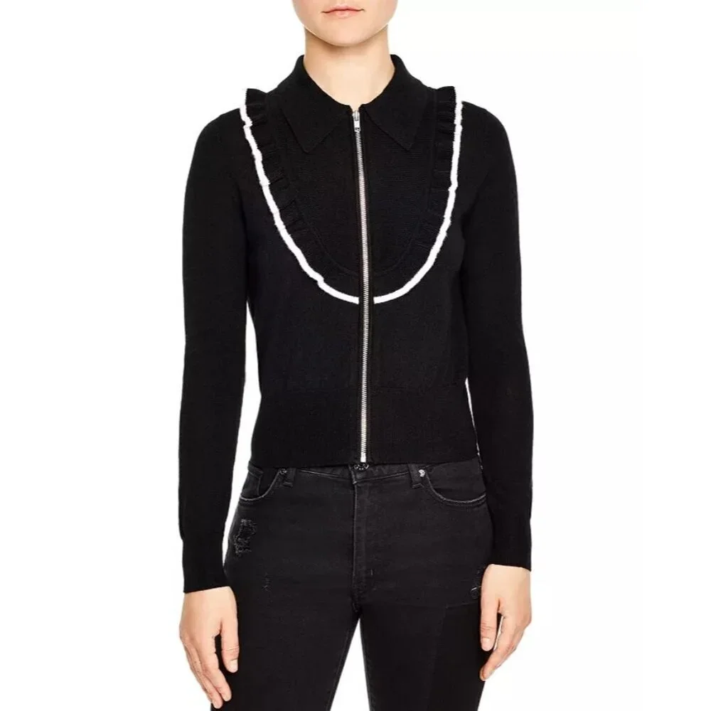 Sandro Paris Tao Ruffled Zip Up Cardigan Womens Size 3 US L Wool Romantic Luxe